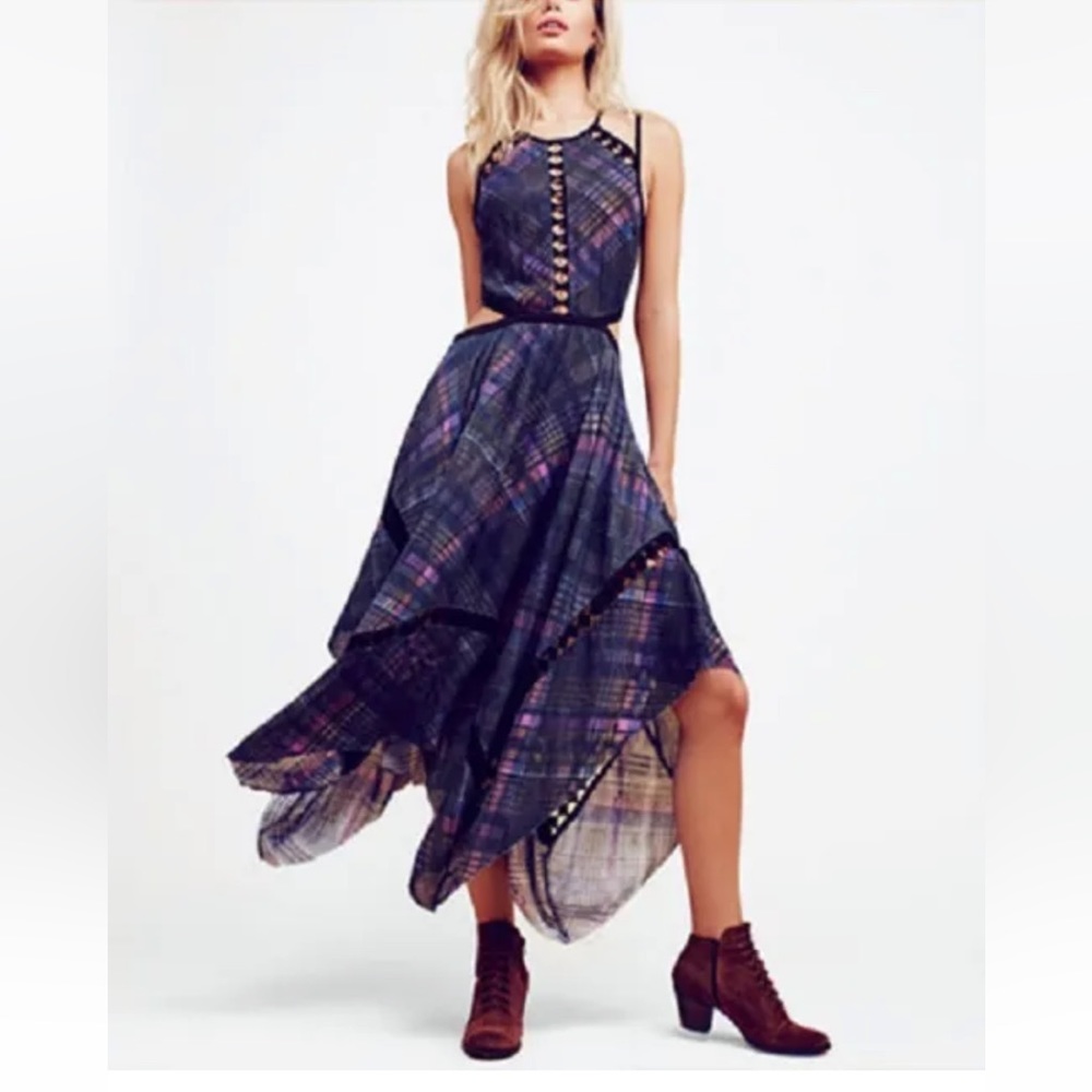 Free People One Glasgow Cutout Dress Printed Plaid Size XS High Low F16Y01406